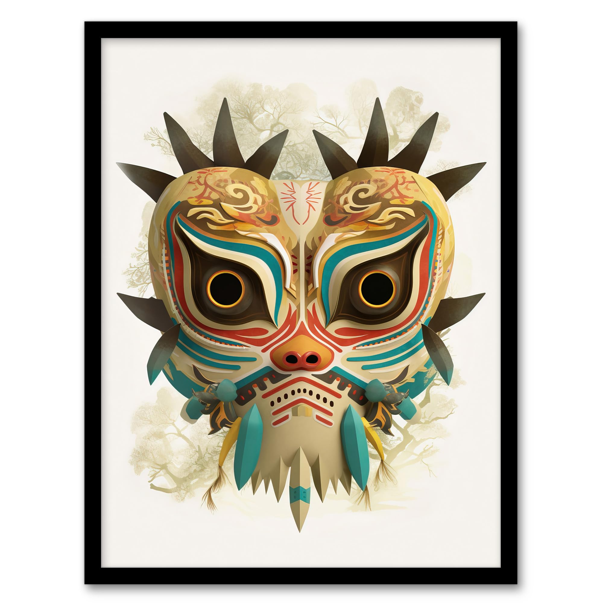Artery8 Noh Theatre Mask Painting Supernatural Japanese Creature Portrayal Forest Deity Role Colourful Intricate Details Floral Designs Artwork Framed Wall Art Print A4