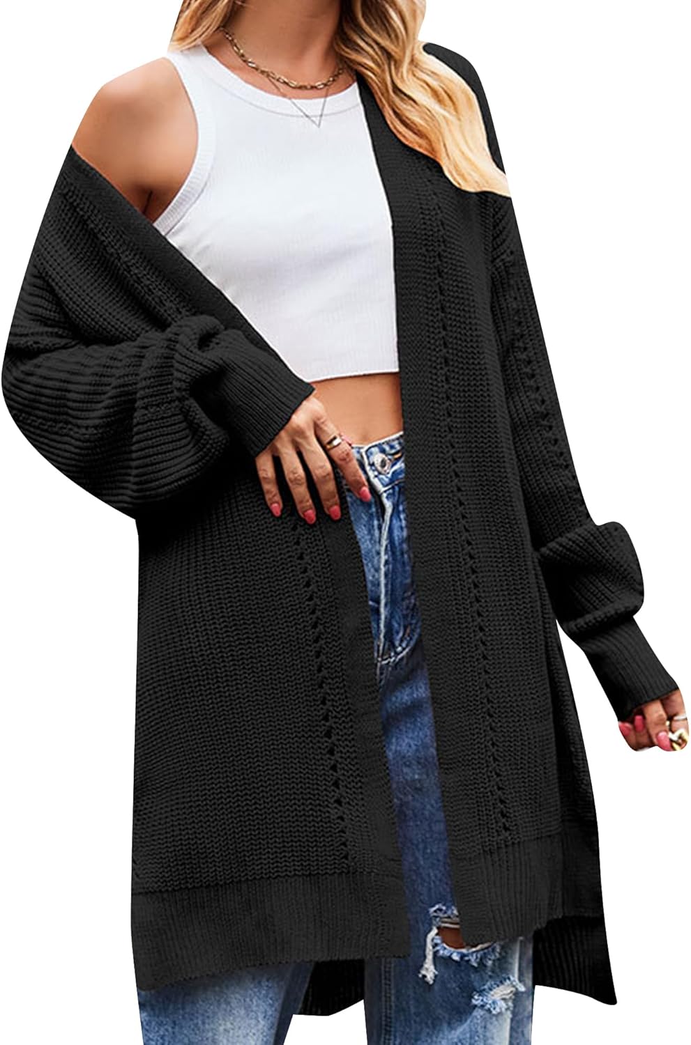 OMZIN Womens Drop Shoulder Knee Length Dressy Cardigan Classic Party Knit Coat Crochet Plus Size Sweater