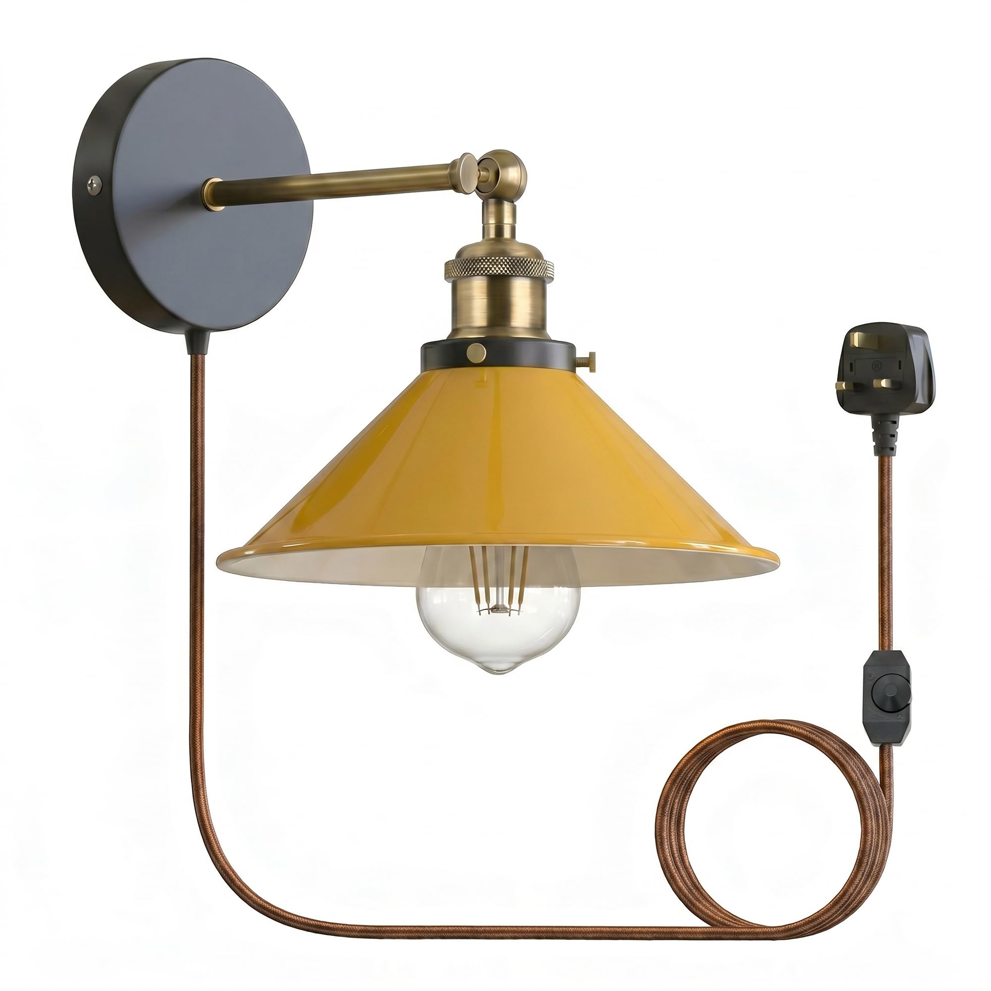 LEDSone Industrial Plug in Wall Light Fixture, Vintage 2m Fabric Cable 3 Pin Wall Mounted Sconce Adjustable Arm 180º E27 Base Antique Retro Metal 22cm Shade for Bedside Kitchen (Yellow, with Bulb) — image 1