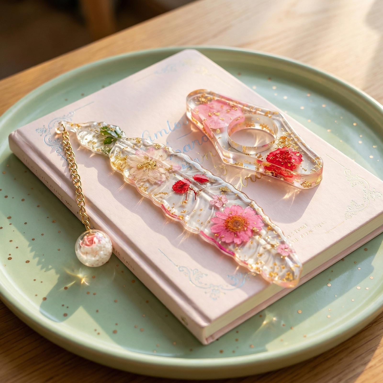 Bojury Bookmark with Page Holder, Pressed Flowers Resin Book Mark Gift for Women, Book Lovers, Teachers, Mothers, Grandmothers & Girls Pink