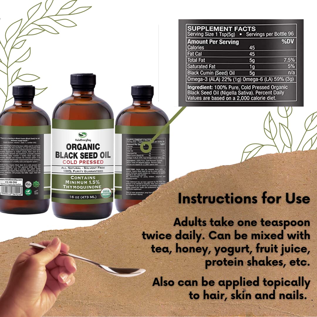 Organic Black Seed Oil - USDA Certified Cold Pressed Glass Bottle Over 1.5% Thymoquinone 3X strength Turkish Black Cumin Nigella Sativa non-GMO 100% Pure Blackseed Oil (8oz Glass Bottle)