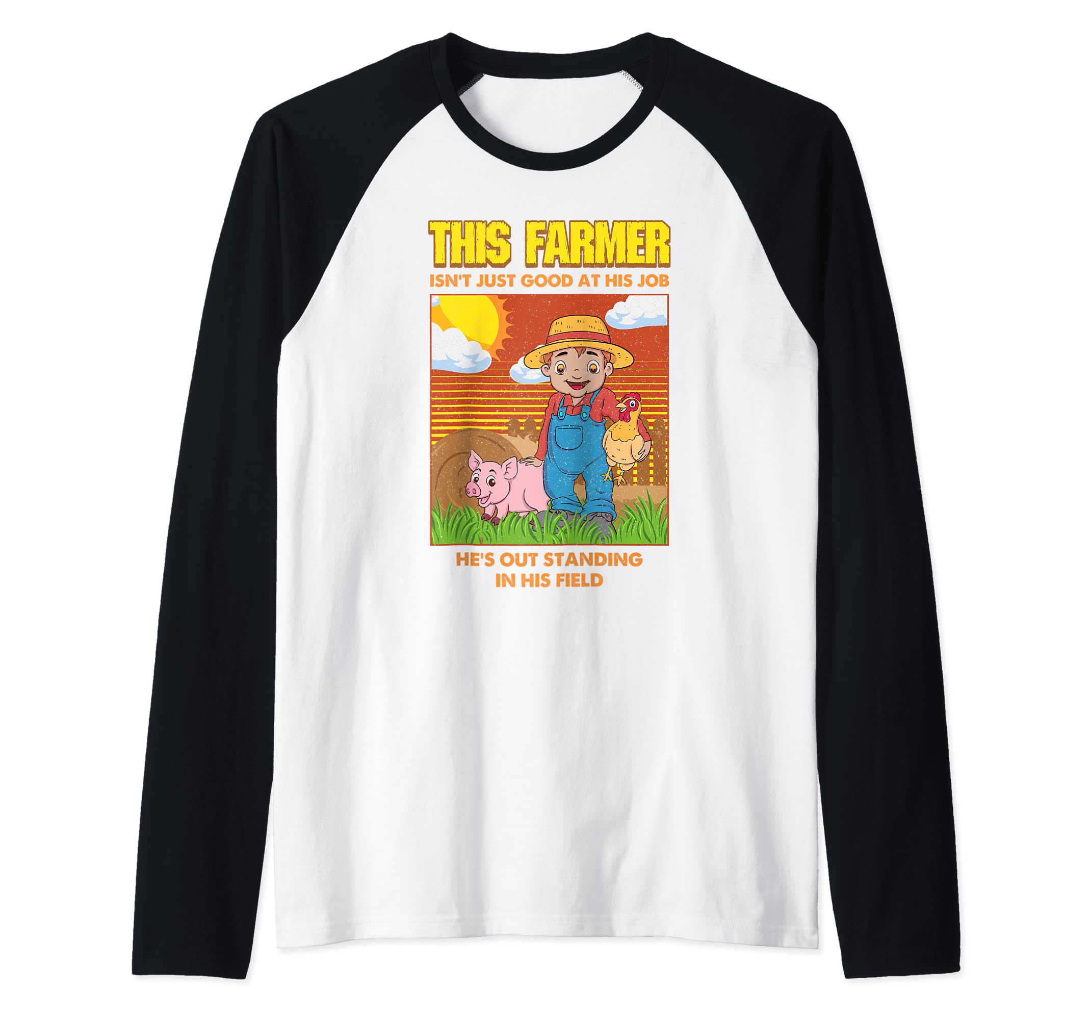 Farmers Pets by NLTSCute Farmer with A Pig and A Hen Out Standing in His Field Raglan Baseball Tee