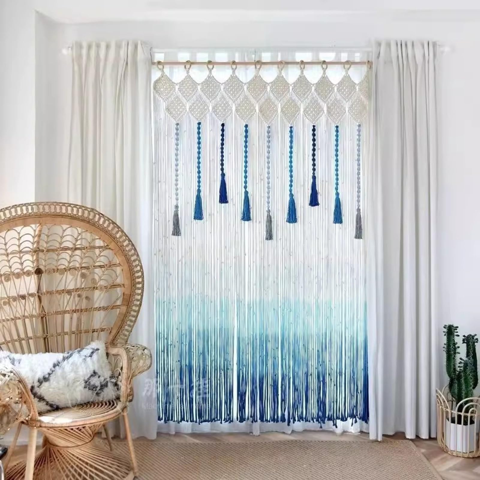 Rideaux en macramé Rideaux en Macramé Bleu pour Fenêtres, Tenture Murale en Macramé Long en Coton, Rideau À Cordes pour La Décoration Murale(39.4x70.9in)