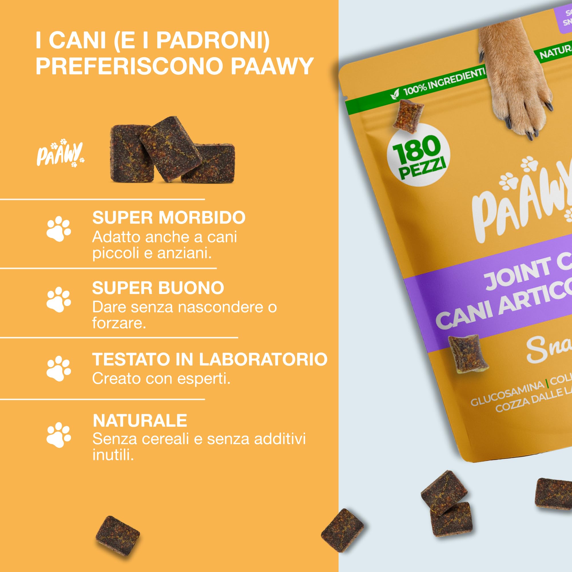 Integratore Articolazioni Cane di Paawy | TEST OTTIMO | 180 Snacks Condroprotettori e Antinfiammatorio Naturale con Glucosamina, Condroitina e Collagene per Cani per la Cura delle Ossa e Articolazioni