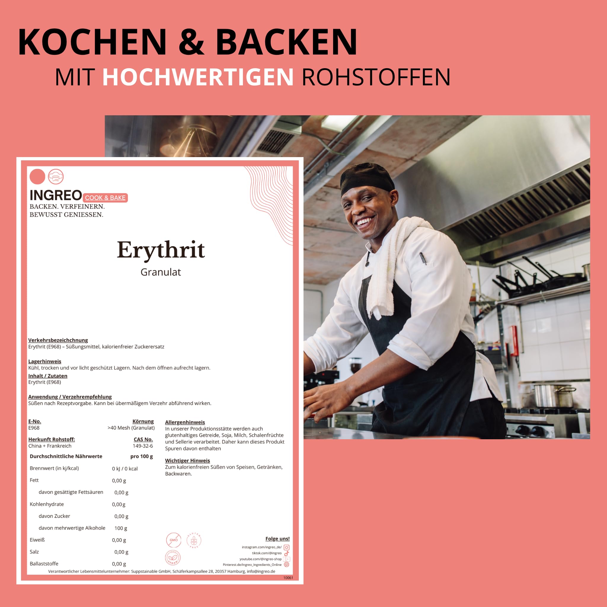 Ingreo Erythrit Pulver – 100 % natürlicher Zuckerersatz | Kalorienfrei, zahnfreundlich, keto-geeignet | Ohne Zusätze, Made in Germany – abgefüllt in Hamburg (25kg)