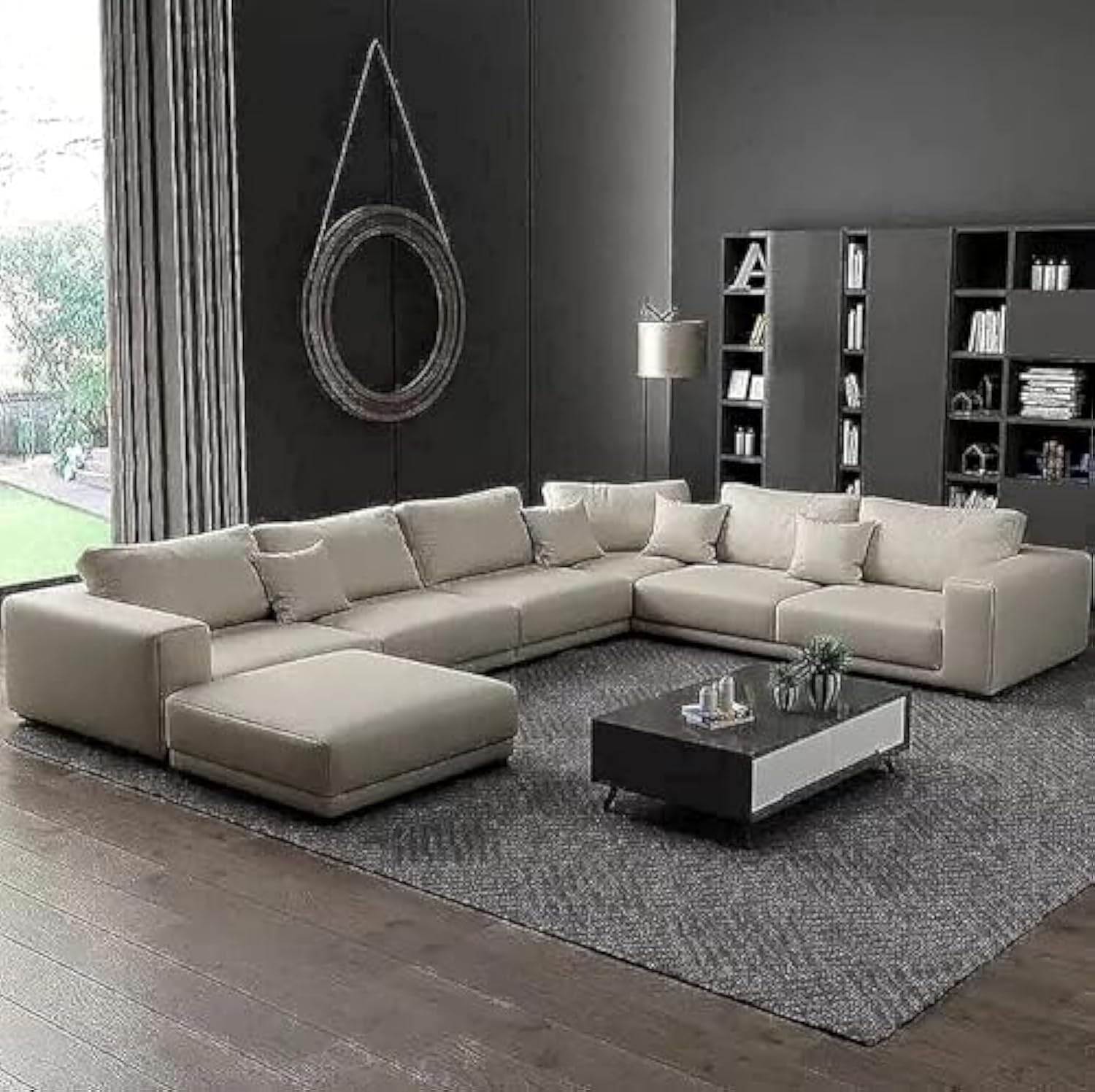 Latest Wooden Furniture Designs U Shaped Sectional Sofa Living Room L Shape Leather Sofa Set Furniture (Beige)