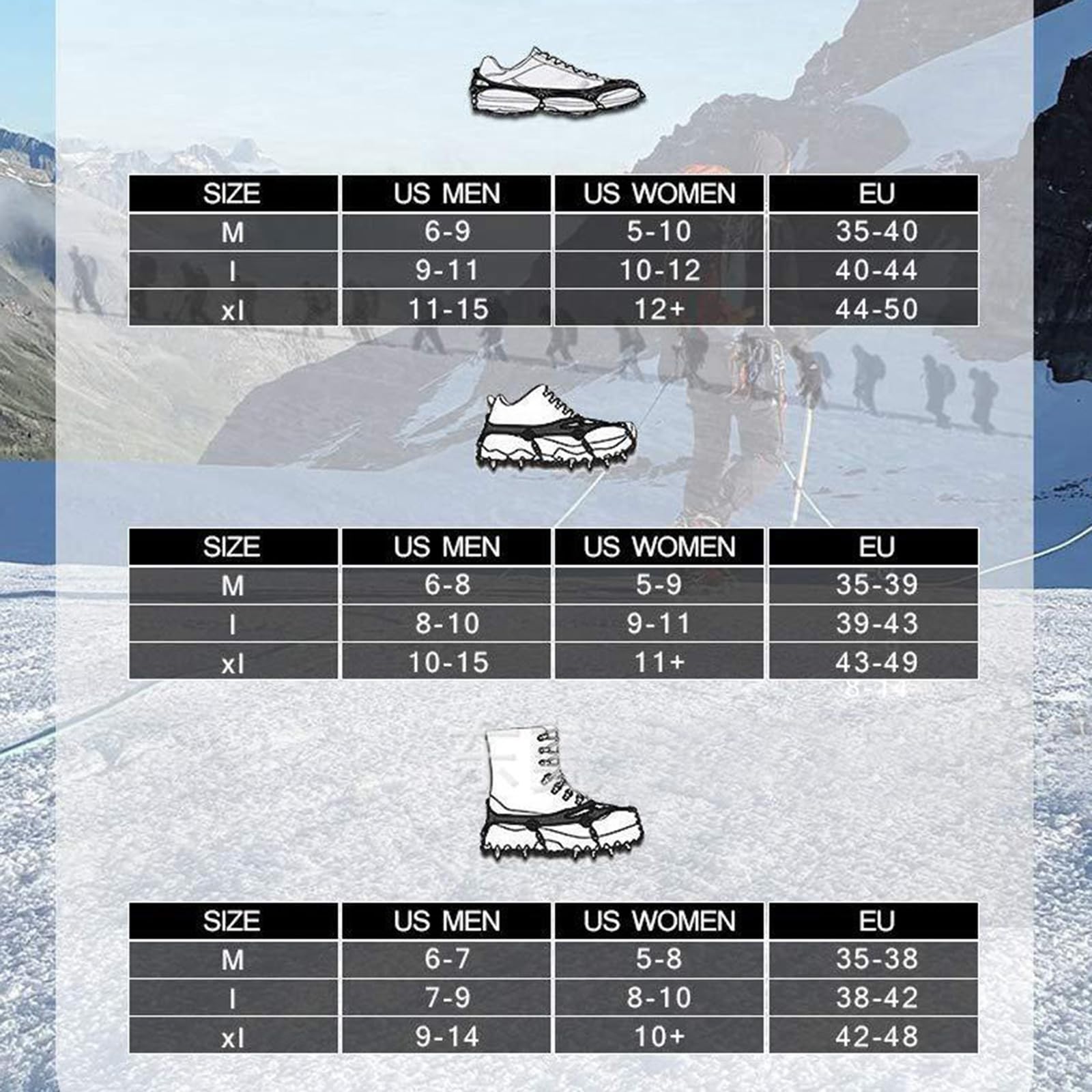 Ice Snow Grips 32 Spikes Escursionismo Boot & Scarpe Tacchetti di trazione in acciaio inox antiscivolo Inverno Ice Grippers facile da usare Spikes Pinze per la trazione Outdoor Escursionismo