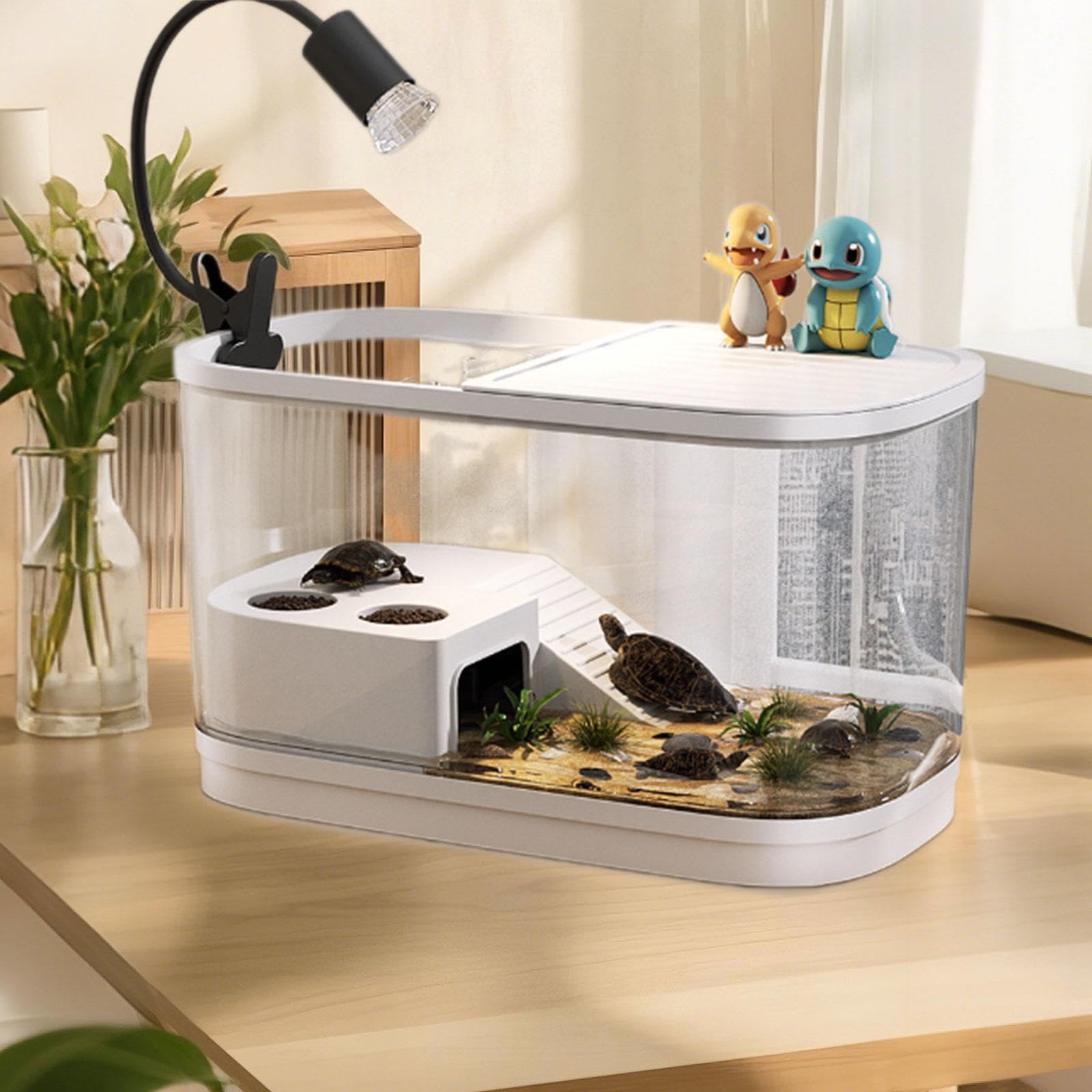 Acquario per Tartarughe, Acquario per Tartarughe con Coperchi, Accessori per Rettili, Habitat per Rettili, con Piattaforma per Rane, E Draghi B, Beige Medio