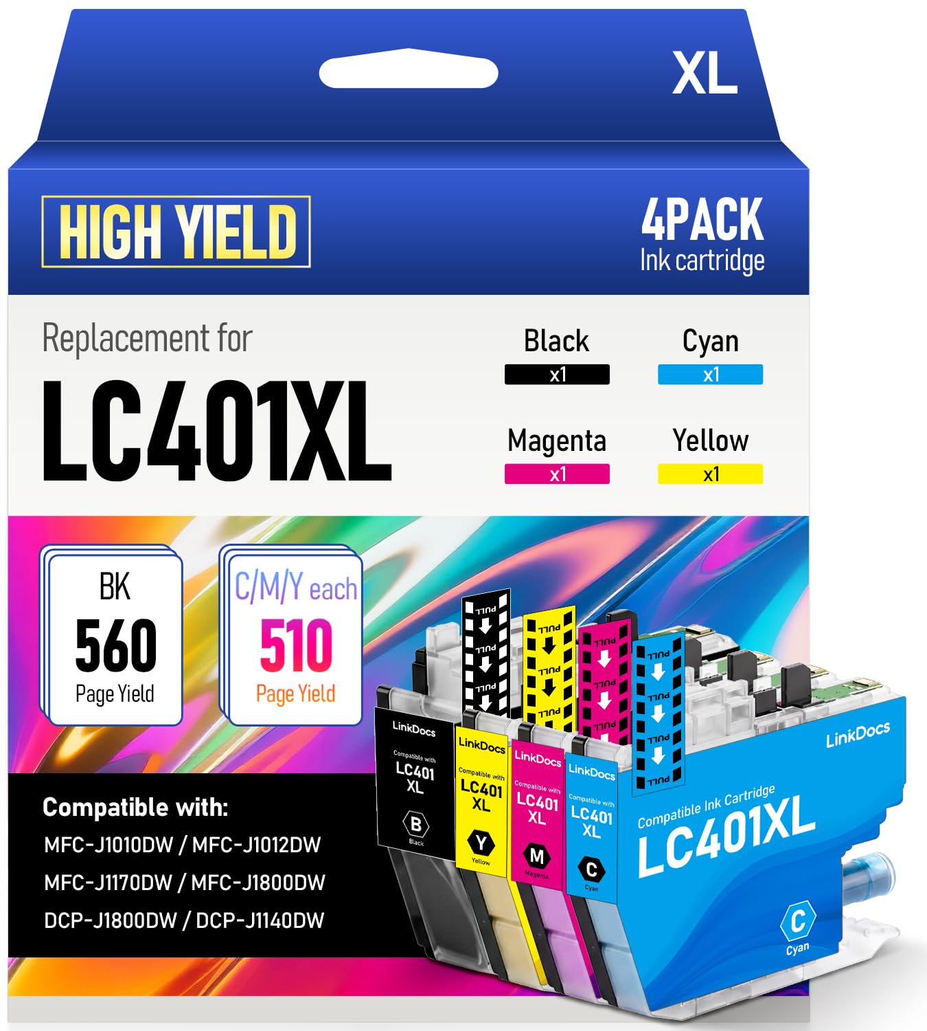 LinkDocs LC401XL Ink Cartridges Compatible Replacement for Brother LC401 LC401XL to Use with MFC-J1010DW MFC-J1170DW MFC-J1012DW DCP-J1800DW J1140DW Printer (Black Cyan Magenta Yellow 4 Pack)