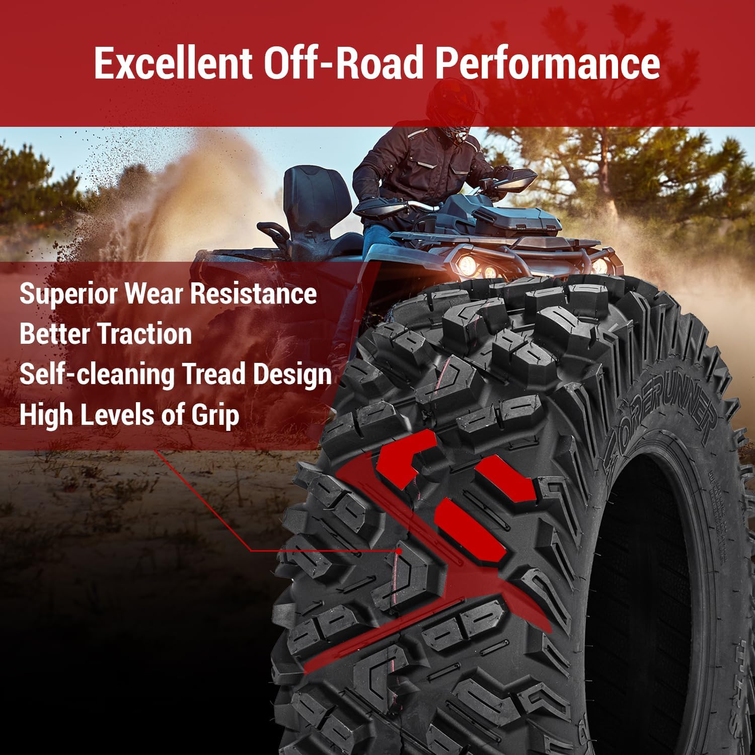 Set of 4 FORERUNNER 25X8-12 & 25X11-12 ATV Tires, 6PR Tubeless UTV Tires, All-terrain Tires
