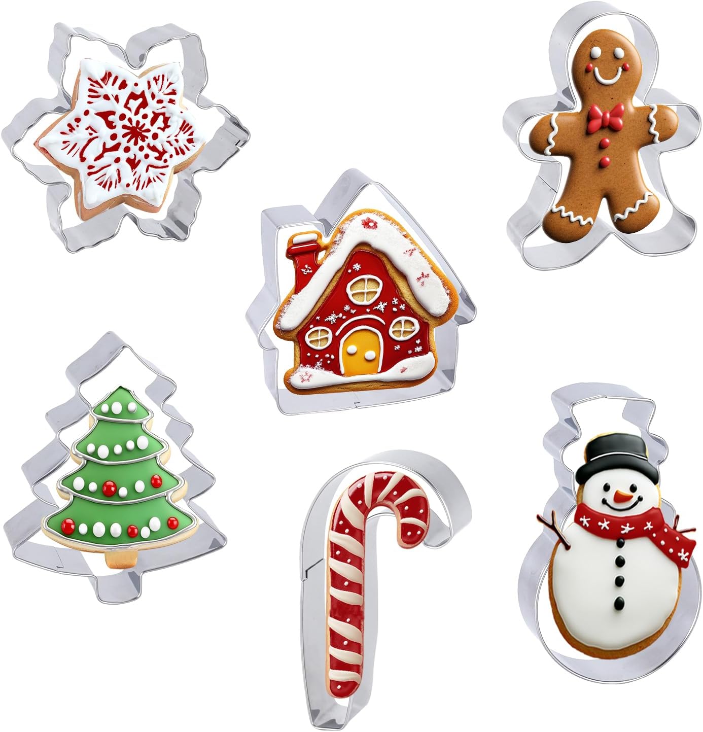 Large Christmas Cookie Cutters, 4'' Holiday Cookie Cutter Set, 6 Pieces: Christmas Tree, Snowflake, Gingerbread Man, Gingerbread House, Snowman, Candy Cane