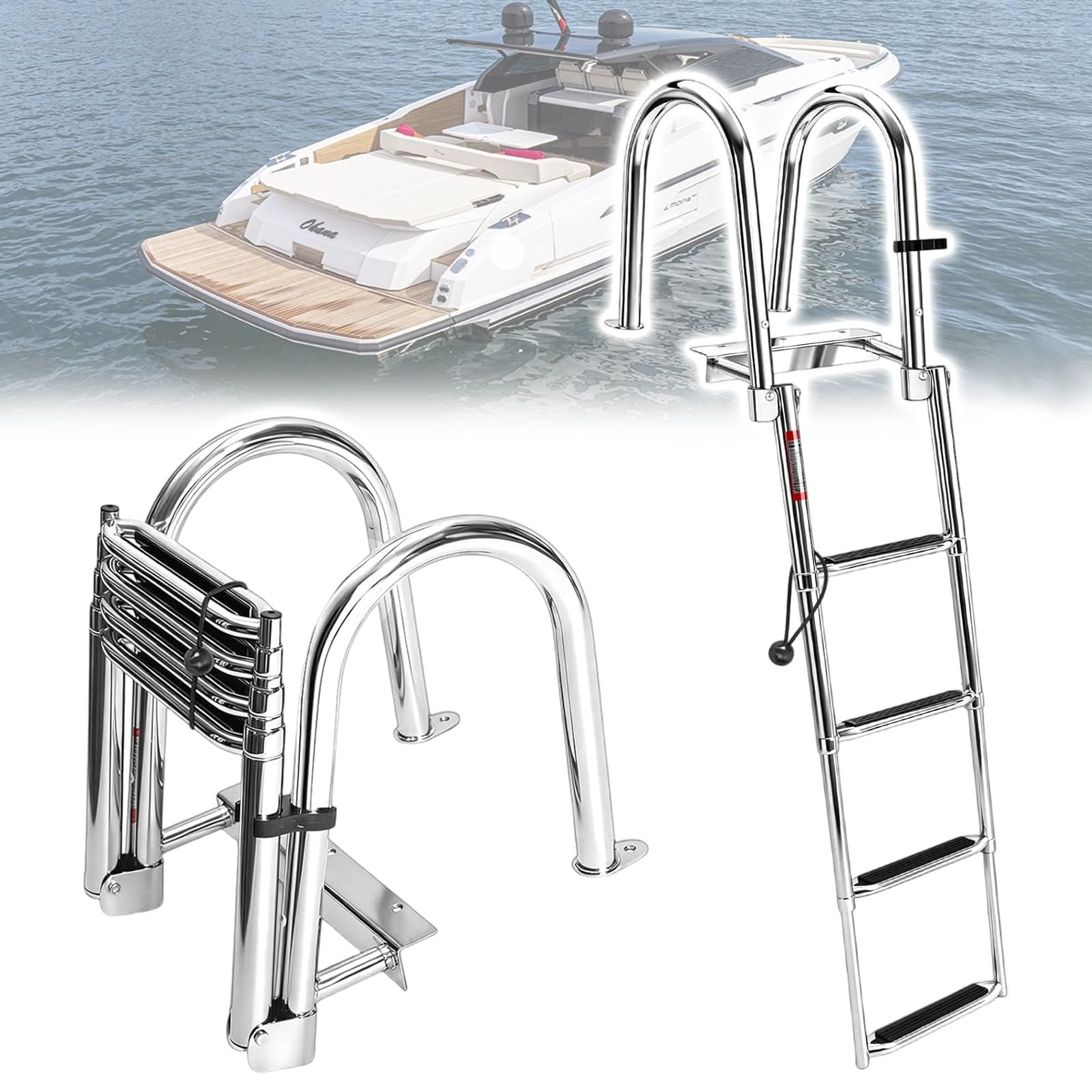 Scaletta Telescopica per Imbarcazioni Marine, in Acciaio Inox 4 Gradini Pieghevole per Barca Yacht Nave Portata 150 kg(4 gradini)