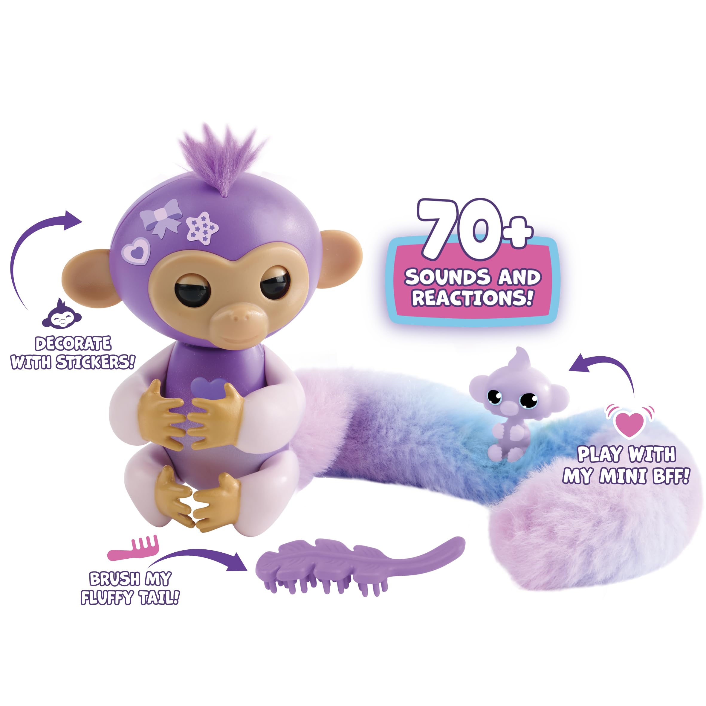 Fingerlings Snuggle Tails - Interactive Purple Monkey (Coco), with fluffy tail, mini bestie (Chloe), brush and stickers - Image 4