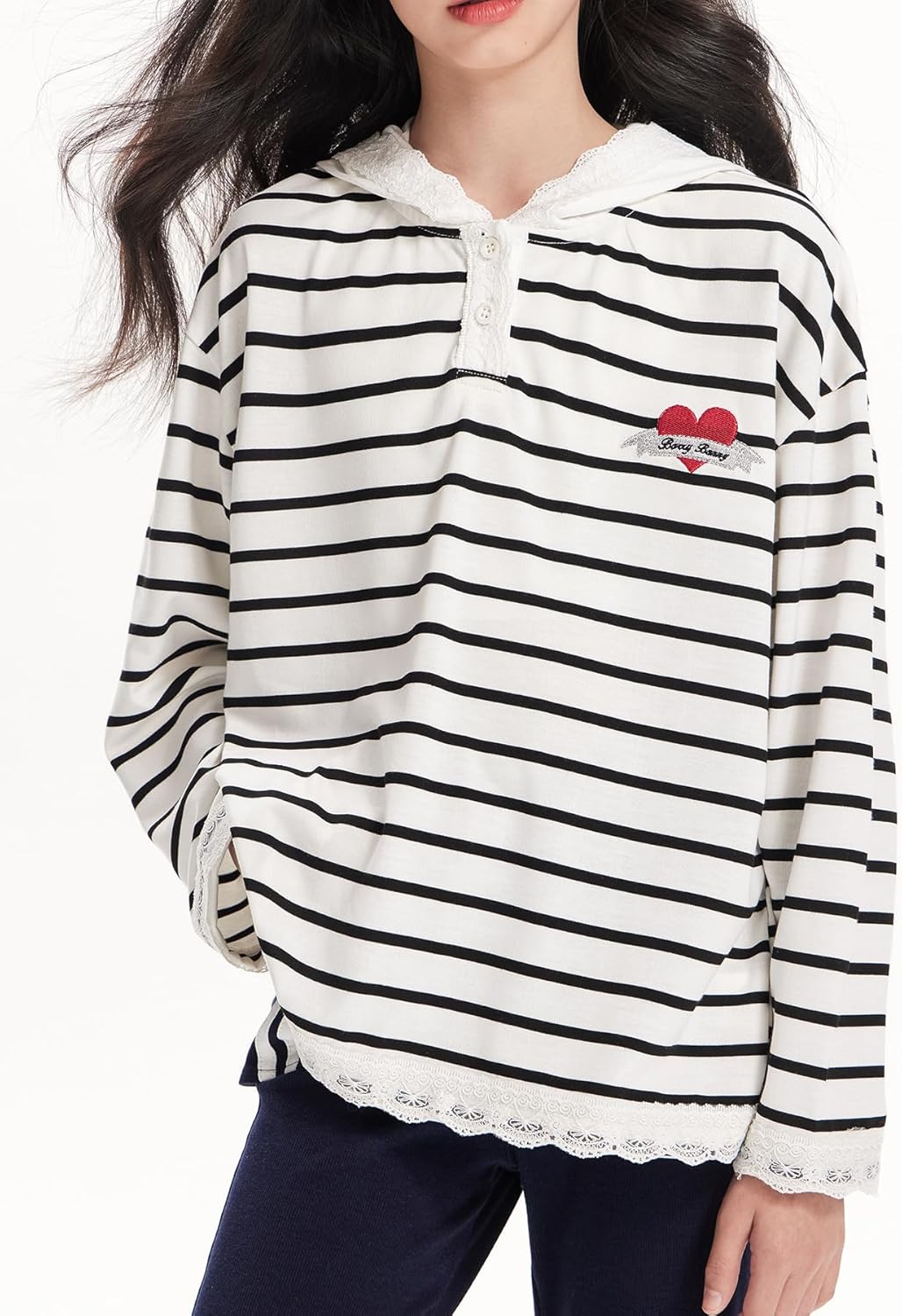 Girls Striped Hoodie Long Sleeve Pullover Red Heart Lace trim Sweatshirt for Girls 6-16Y