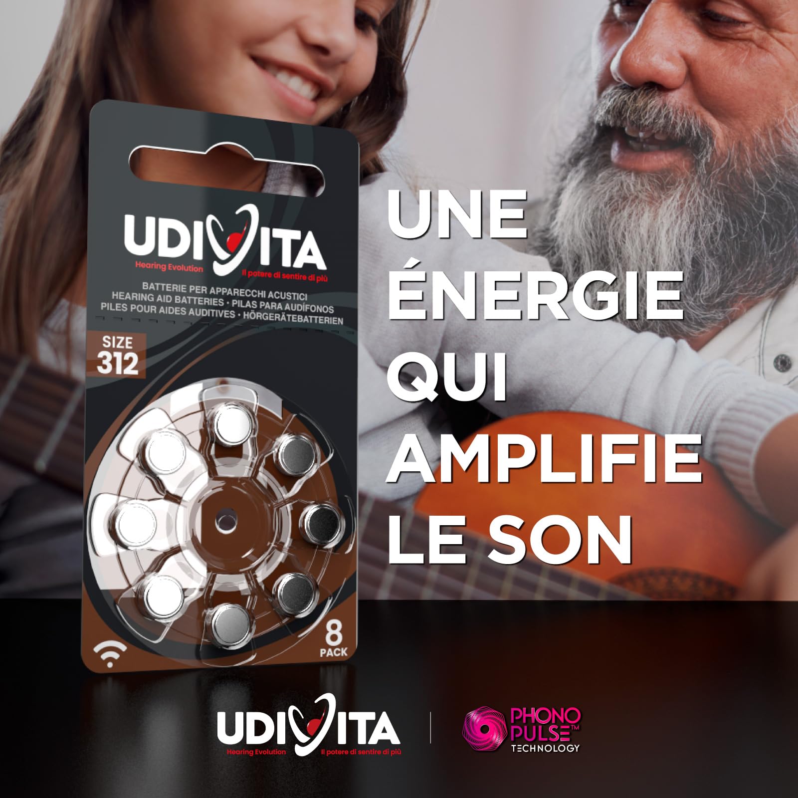 240 Piles Auditives Taille 312 Udivita PR41 Marron, Technologie Phono Pulse