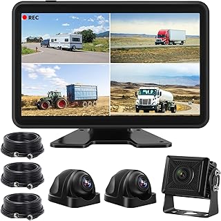 Wired Backup Camera for Truck RV Trailer Bus, 10.1" Full Touch Screen Monitor, Truck Camera System, 3 Rear View & Side View Camera, 4 Spilt Screen, IP68 Waterproof, Night Vision, DVR, 1080P
