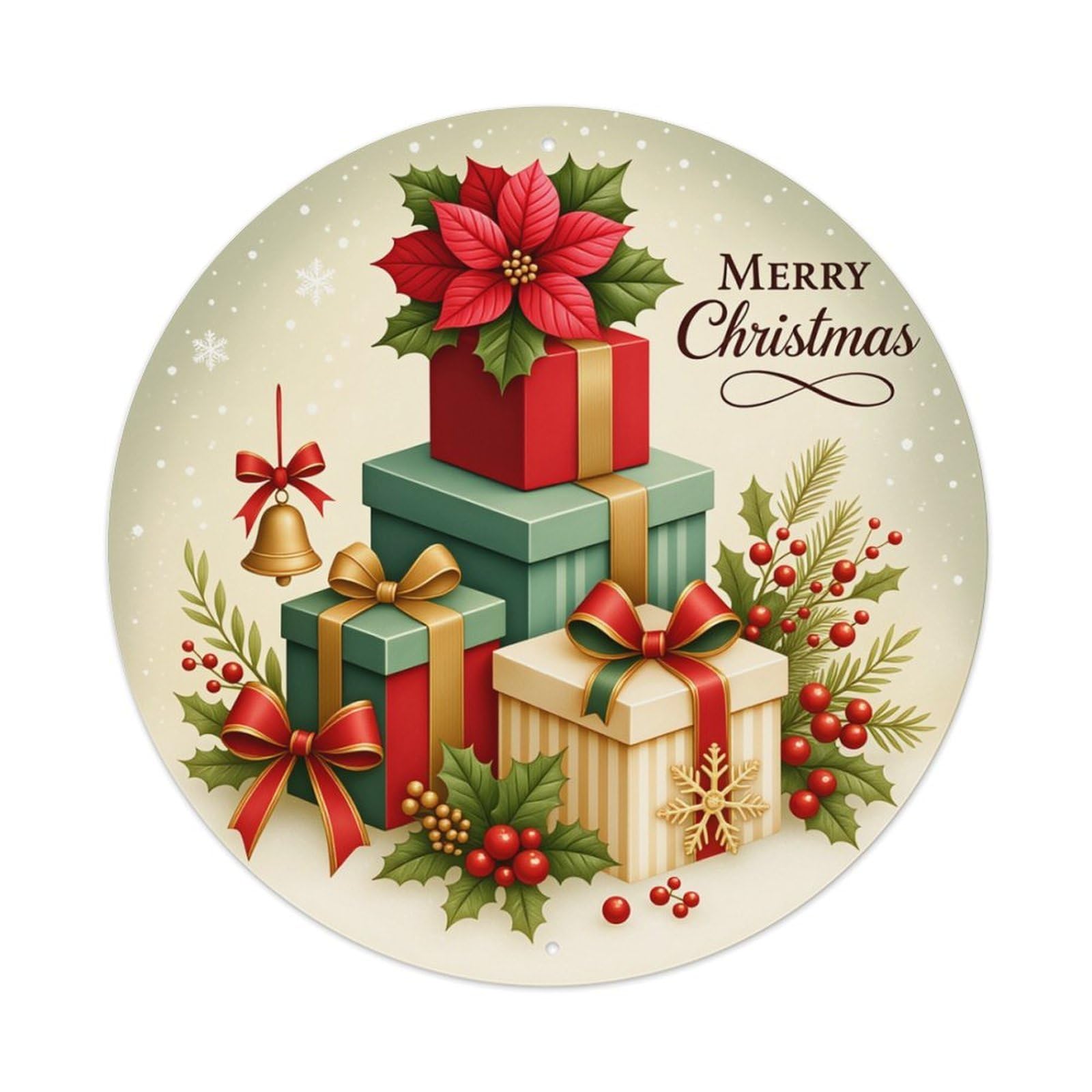Christmas Gift Boxes Poinsettia Holly Round Tin Sign Retro Metal Sign for Cafe Bar Pub Home Game Room Gym Club Wall Decoration Vintage Metal Poster 8x8 Inch