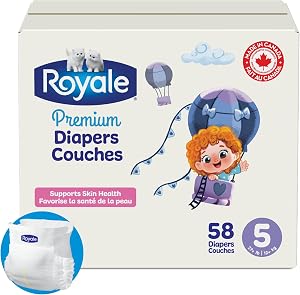 Royale Premium Diapers, Size 5 (27+ lbs), 58 Count, Disposable Baby Diapers