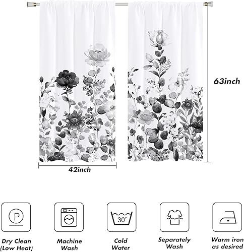 Miniatura 4 de Cortinas florales negras y grises de 42 pulgadas de ancho x 63 pulgadas de largo, flores silvestres en acuarela gris y blanco, flores silvestres