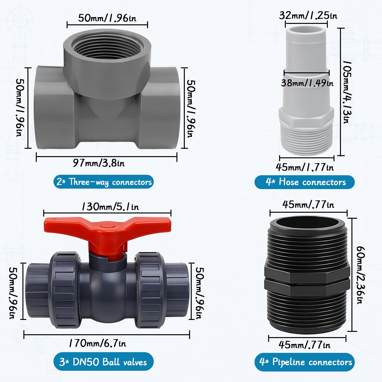 Bypass Kit de piscine 50 mm, pompe à chaleur, kit de raccordement de piscine avec becs de tuyau en ABS 32/38 mm, chauffage de piscine, pompe à chaleur, chauffage solaire, dérivation de