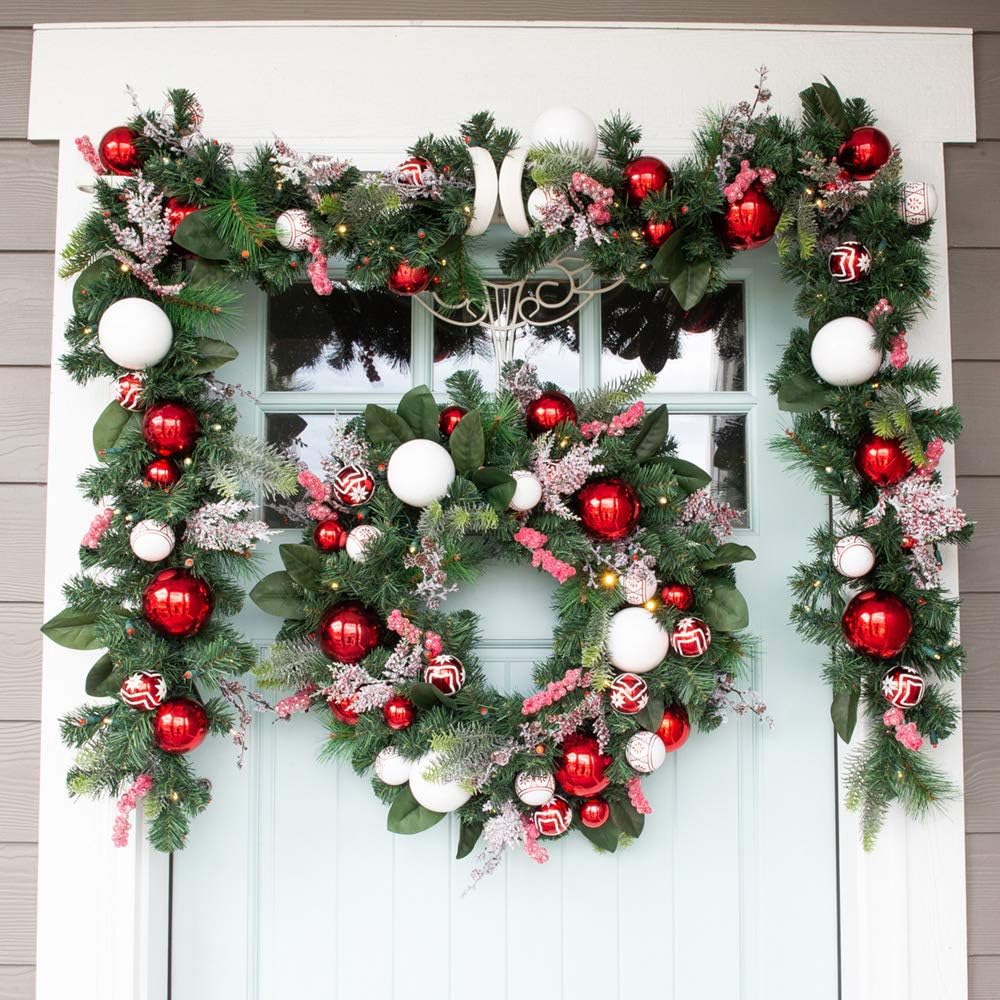 [30 Inch Artificial Christmas Wreath] - Nordic Collection - Red and White Decoration - Pre Lit with 50 Candy Cane Colored LED Mini Lights - Includes Remote Controlled Battery Powered Timer