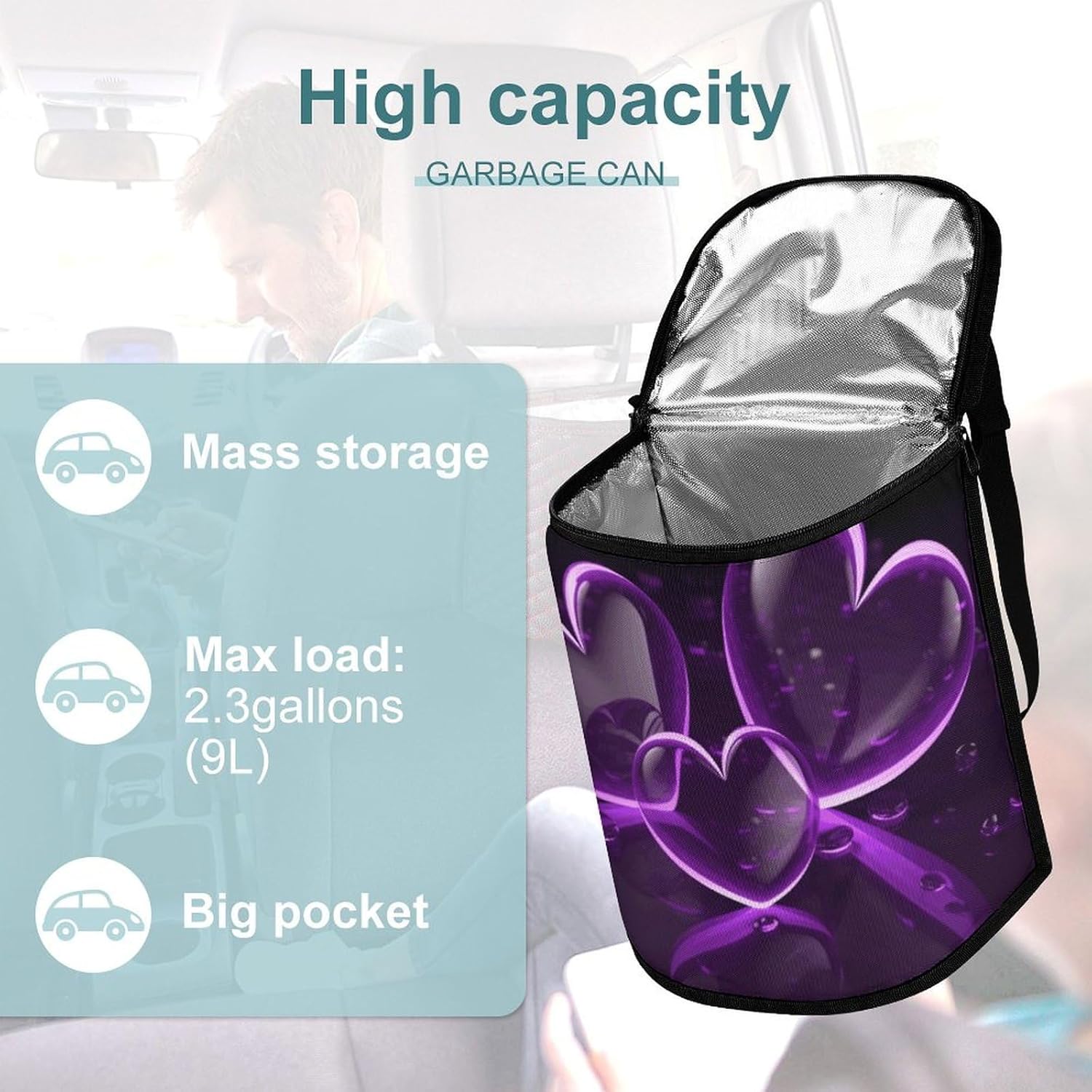 Hanging Car Trash Bag Protable Trash Can Purple Hearts Waterproof Garbage Bin for Car