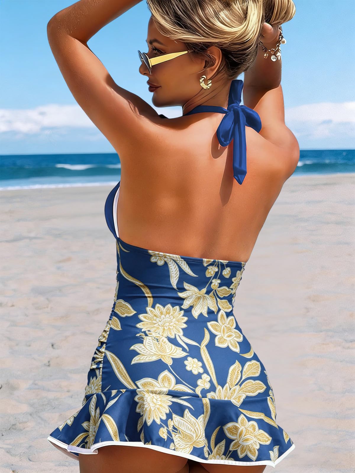 JFAN Tankini Maillot de Bain Femme Col V Profond Maillot de Bain 2 Pieces Volant Tankini Grande Taille Haute Ventre Plat avec Bas de Maillot