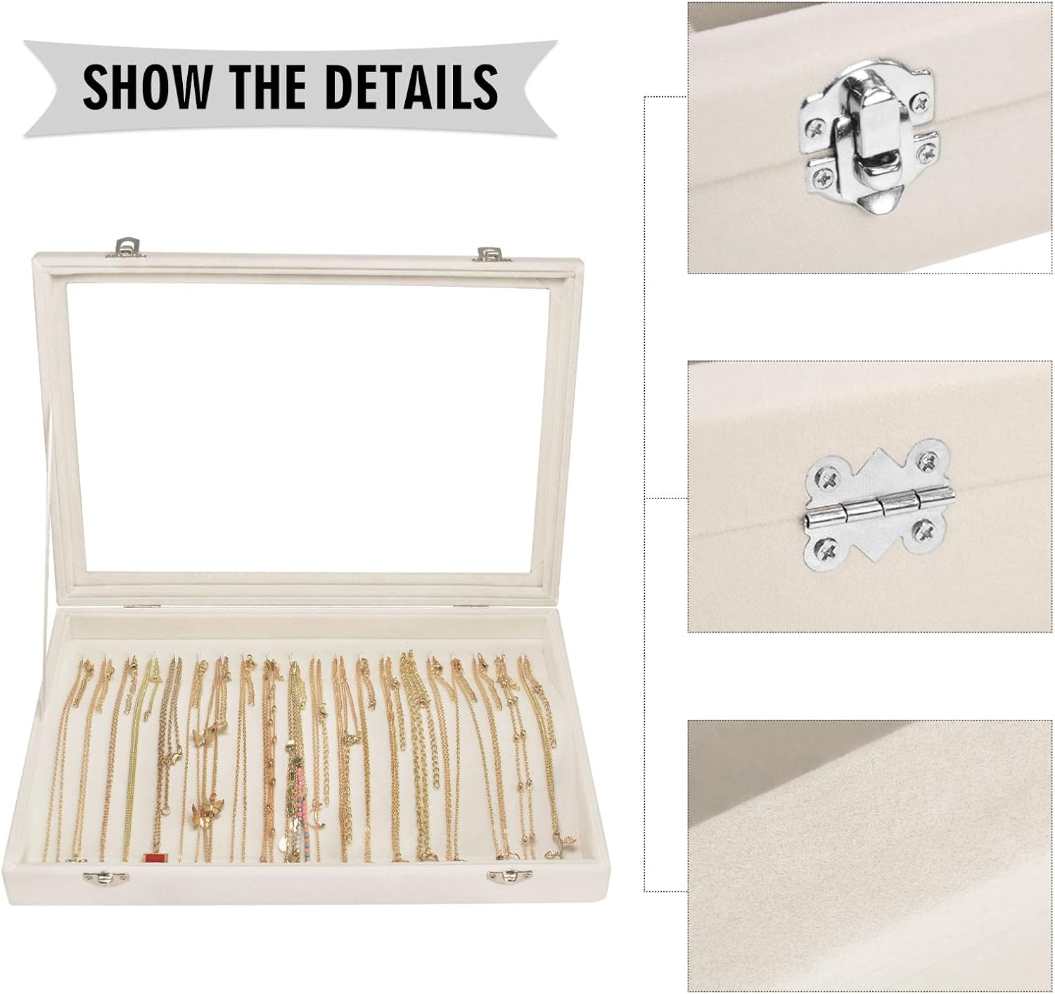 Siveit Necklace Organizer Box Premium 20 Hooks Velvet Necklace Display Jewelry Tray with Transparent Lid Jewelry Necklace Display Box for Necklace Pendants Suitable for Women and Girls (Beige)