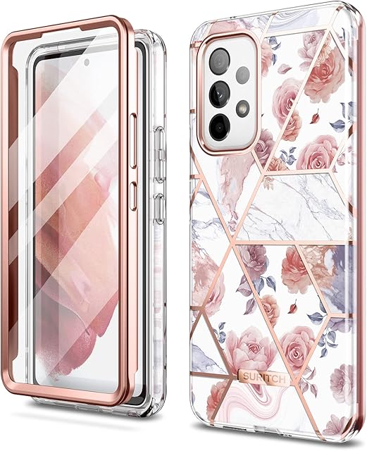 SURITCH Compatible with Samsung Galaxy A53 5G Case [Built-in Screen Protector] Natural Marble Full Body Protection Cover Rugged Bumper Shockproof Case for Samsung Galaxy A53 5G (Marble Rose)