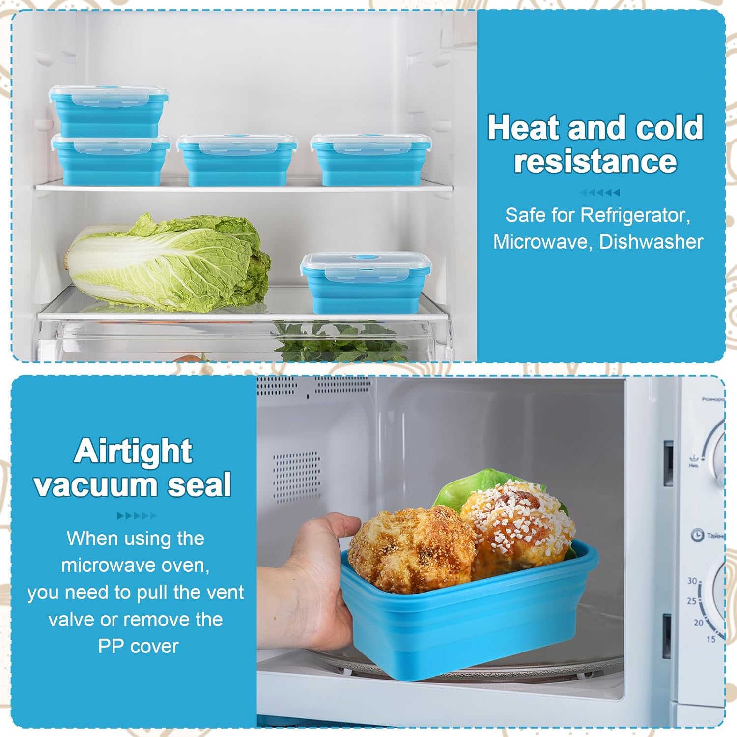 Mifoci Set of 8 Silicone Collapsible Bowls for Camping with Vent Lid Silicone Storage Containers for Food Meal Preparation Square Bowl Microwave Freezer Dishwasher Safe(Blue,17 Oz/ 500 ml)