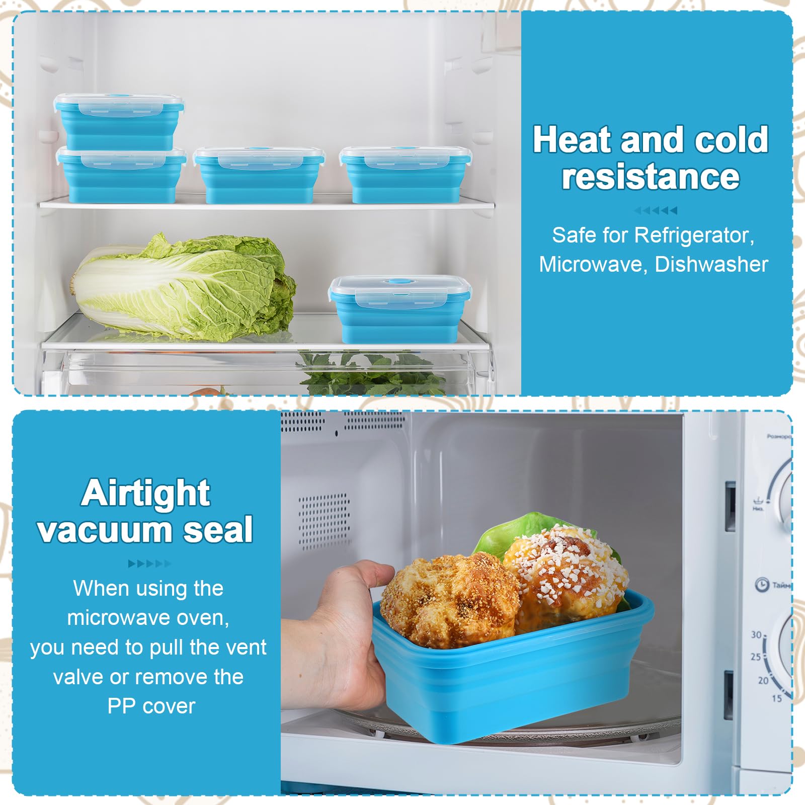 Mifoci Juego de 8 recipientes plegables de silicona para almacenamiento de alimentos, recipiente cuadrado con tapas de ventilación, apto para microondas, congelador y lavavajillas (azul)
