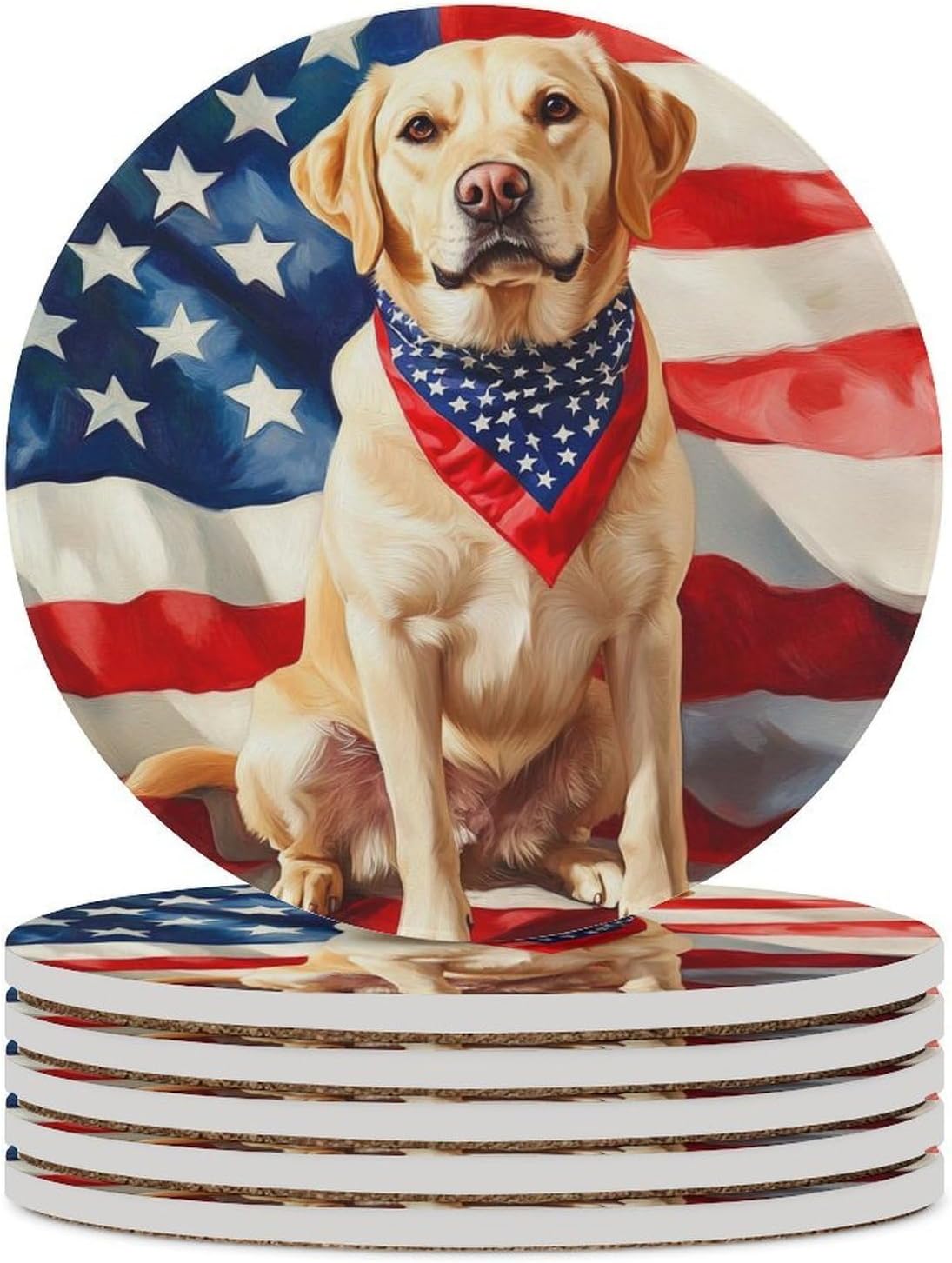 Labrador Dog U.S. Flag Funny Round Ceramic Coasters for Drink Absorbent Cup Holders Tabletop Protection