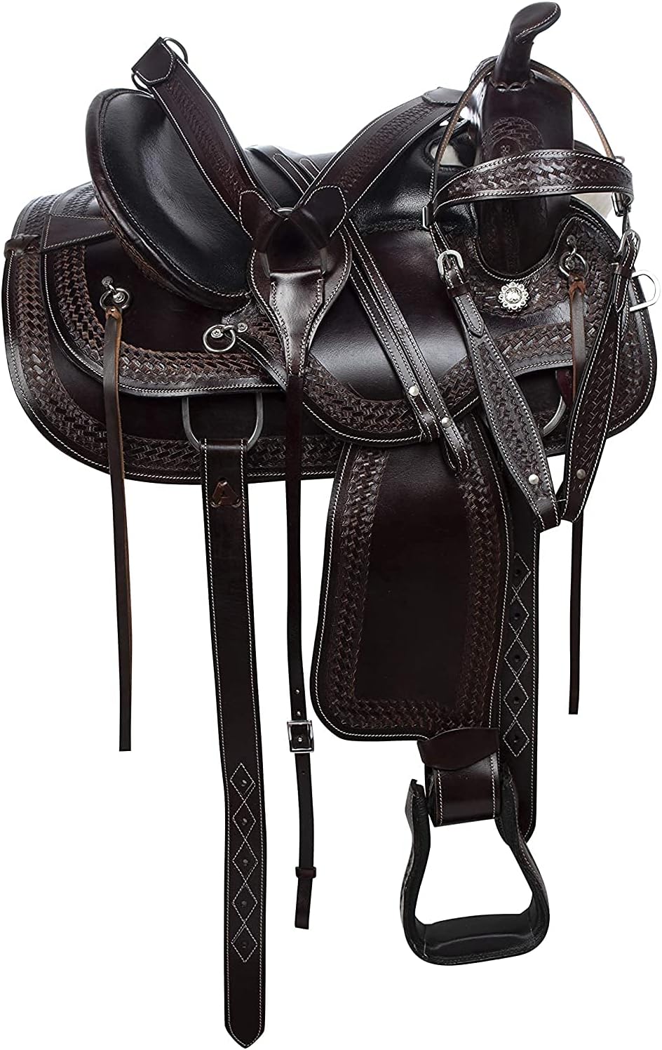 AD Saddlery Leather Western Endurance Trail Horse Saddle Handmade Comfort with Horn Equestrian Horseback Riding Tack, Matching Headstall,Breast Collar,Reins Size:14"-18" inches Seat, M18