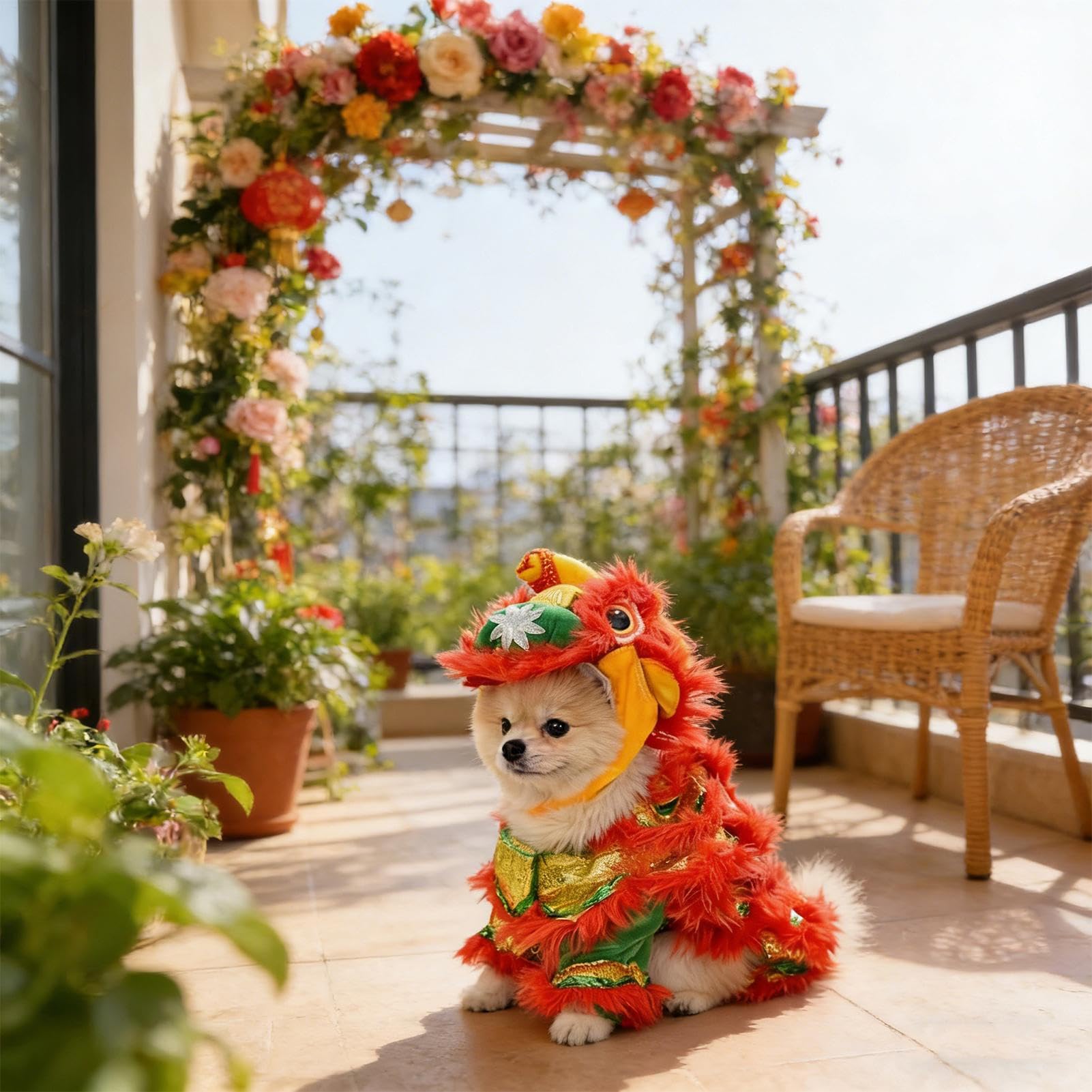 Festliches Haustierkostüm, Neujahrs-Hunde-Outfit, traditionelle Festivalkleidung mit hellen Details, weicher Stoff, Tierbekleidung, Urlaubslook mit kulturellem Stil, verkleiden sich für Feiern