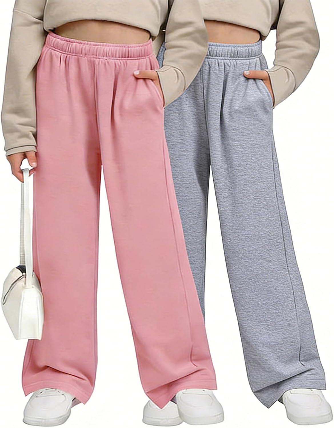 2 Pack Girls' Baggy Sweatpants Kids Casual Joggers Open Bottom Loose Solid Straight Leg Teen Pants 2-8Years