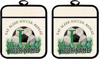 Bleu Reign Oven Mitt and Potholder Set Personalized Custom Name Eat Sleep Play Soccer Monogram Letter L Linen
