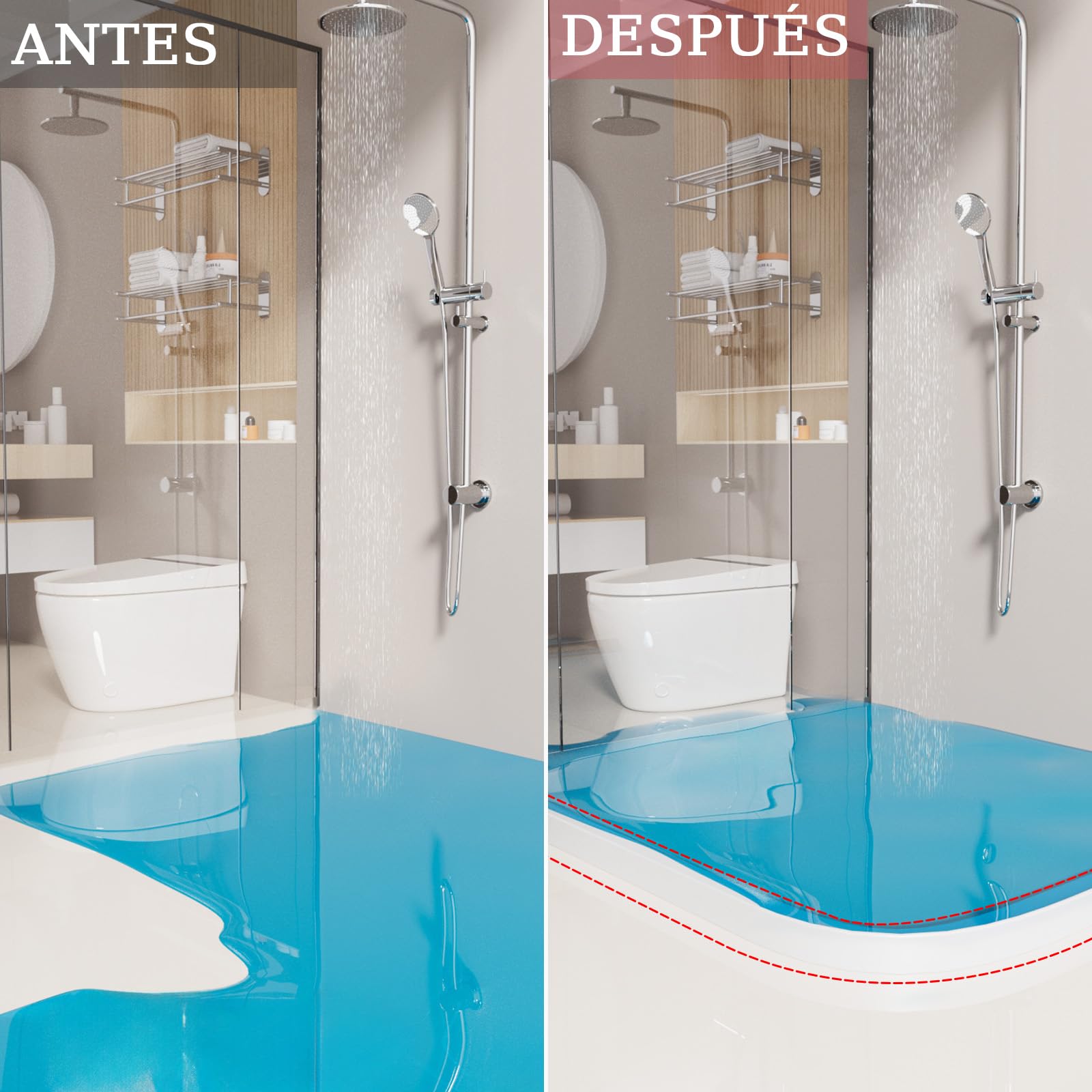 alophoty 1M Barrera Agua Ducha Blanco - Perfil Silicona Ducha, Impermeable, Plegable, Fácil Instalación, Previene Desbordamientos y Filtraciones