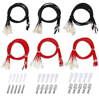 Speaker Wire Connector Kit 30PCS 18AWG Female Spade Terminal Wire Connectors Pre-Crimped 2.8/4.8/6.3mm, 30cm Red & Black, with 15PCS Extra Open-End Male Terminals—All with Insulating Sleeves