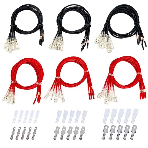 Speaker Wire Connector Kit 30PCS 18AWG Female Spade Terminal Wire Connectors Pre-Crimped 2.8/4.8/6.3mm, 30cm Red & Black, with 15PCS Extra Open-End Male Terminals—All with Insulating Sleeves