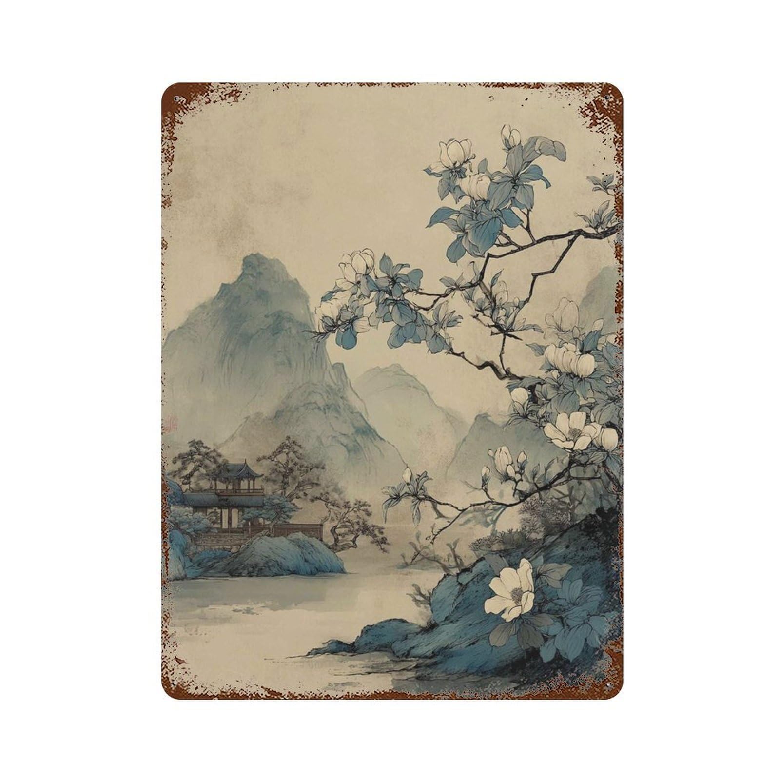 xiaoxiaoshen Chinese Landscape Mountain Magnolia Tree Traditional Asian Painting Tranquil Nat Wall Decor Art Metal Tin Poster Modern Home Decor Art Home Bar Shop Decorations Vintage Sign 40x30cm