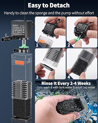 Miniatura 6 de Pawfly Filtro interno para acuario, filtro de potencia sumergible con bomba de agua de 55 GPH para tanques de peces de 3 a 10 galones de circulación