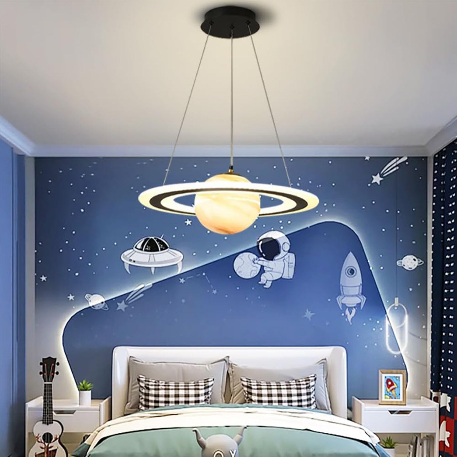 Lampadario Sospensione Bambini - Plafoniera LED Moderna a Forma di Pianeta, 45W Dimmerabile con Telecomando, Design Creativo Spaziale per Cameretta, Nursery e Area Giochi (Arancione, 55cm)