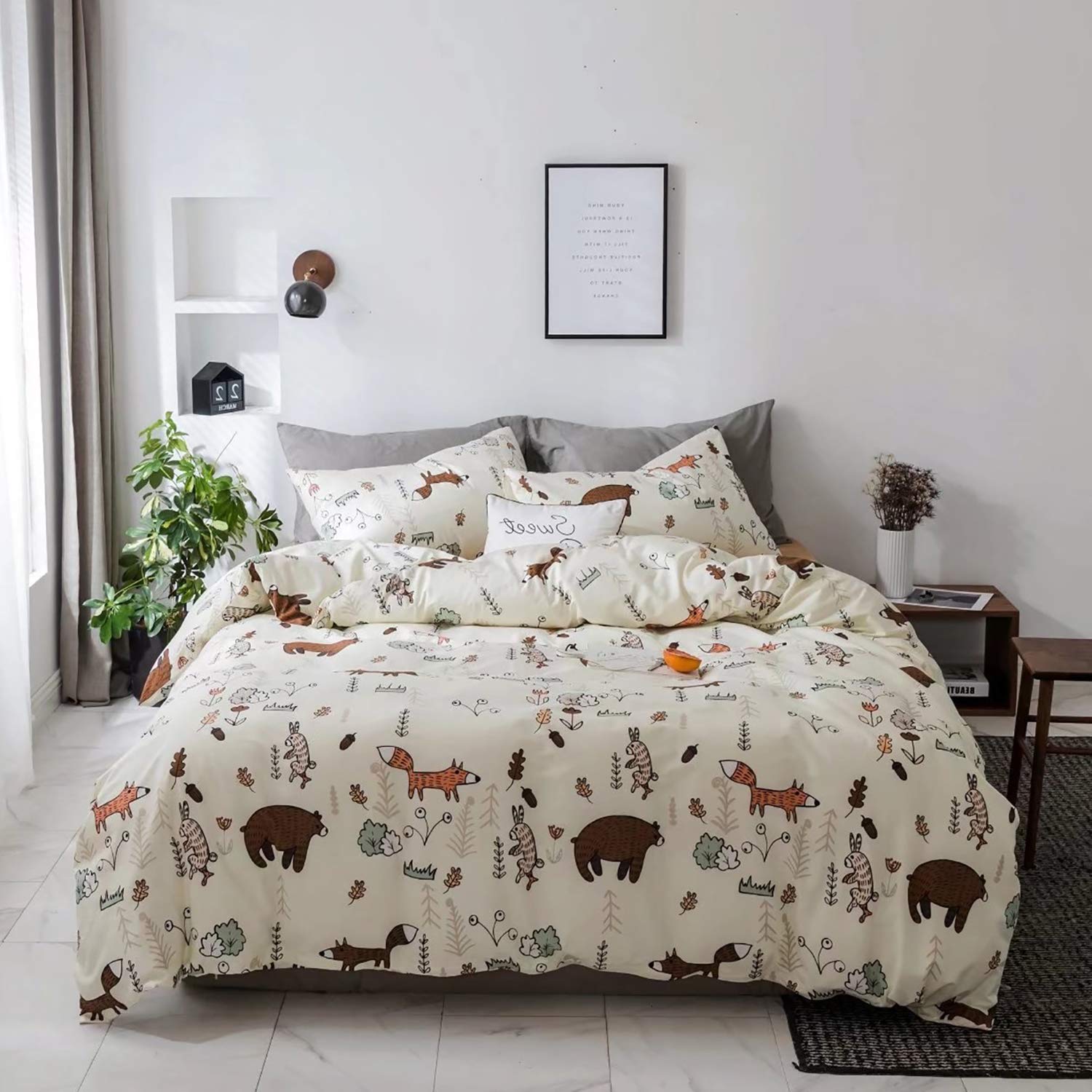Jumeey Bettwäscheset für Kleinkinder, Bär, für Zwillinge, Mädchen, Kaninchen, Cartoon, Baumwolle, Jungen, Kinder, Wald, Fuchs, Muster, Tier-Bettwäsche-Set, Zwillingsbettbezug, Gelb