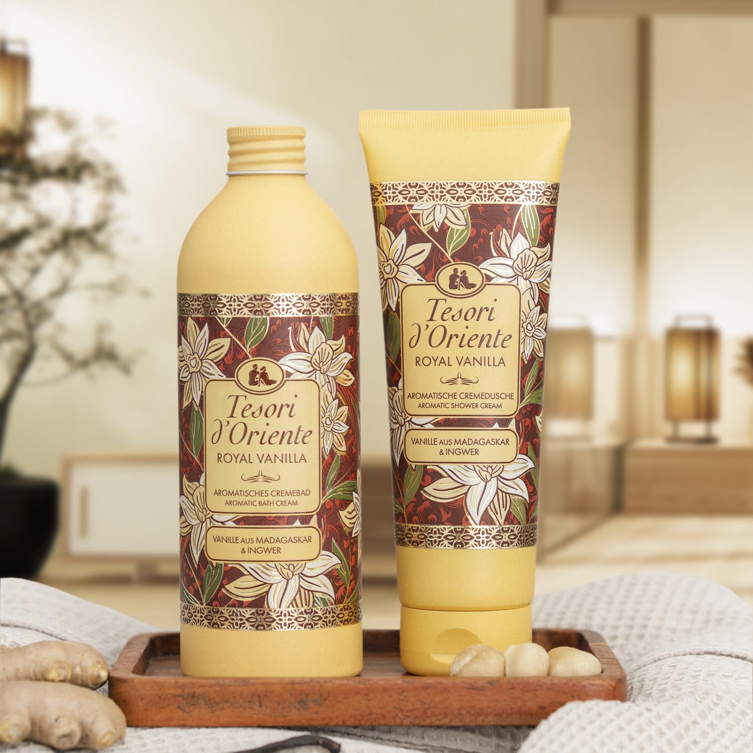 Tesori d'Oriente Kremowa kąpiel "Royal Vanilla" | aromatyczna kąpiel kremowa z wanilią z Madagskaru i imbiru | kremowa kąpiel do pielęgnacji ciała | rytuał dla ciała i zmysłów | 500 ml