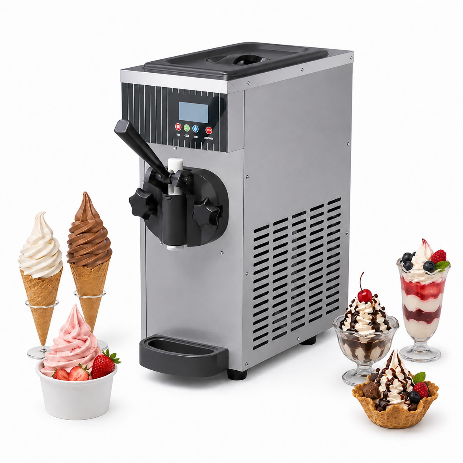 HCAUYNN Ice Cream Machine Commercial, Soft Serve Ice Cream Machine with Fast Cooling System, Auto Cleaning, 2.5L Hopper, Professional Ice Cream Maker Gray-110V