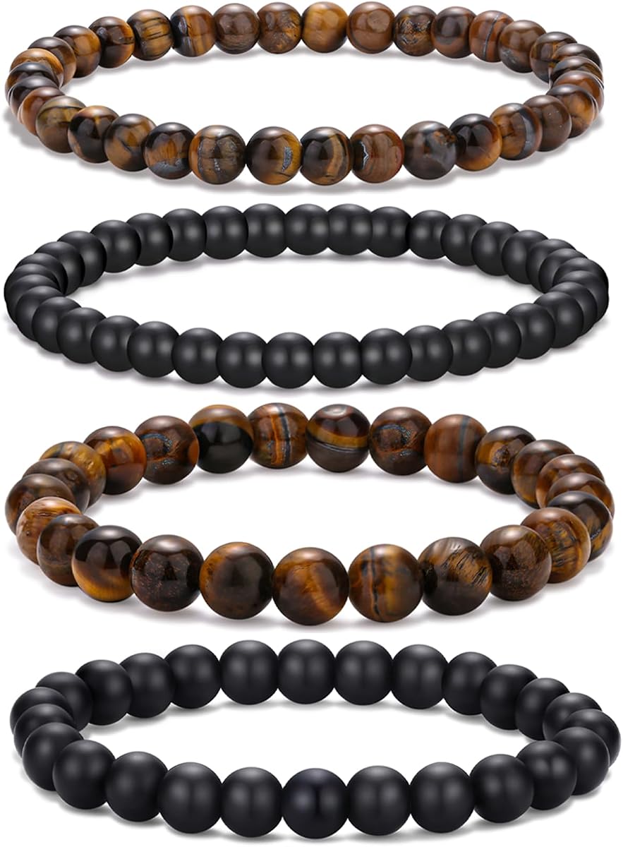 Juego de pulseras de cuentas para hombre RANKEEF - Cuerda elástica ajustable con cuentas multicolores de piedra natural de 6y8 MM - Pulseras de ojo de tigre para hombre - Regalo