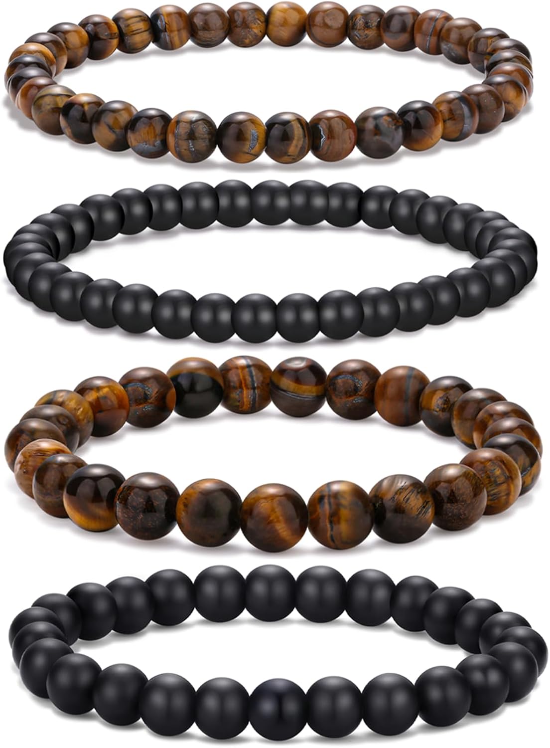RANKEEF Mens Bead Bracelet Set - Adjustable Elastic Rope With 6&8MM Natural Stone Multi-Colored Beads - Tiger Eye Bracelets for Men - Gift