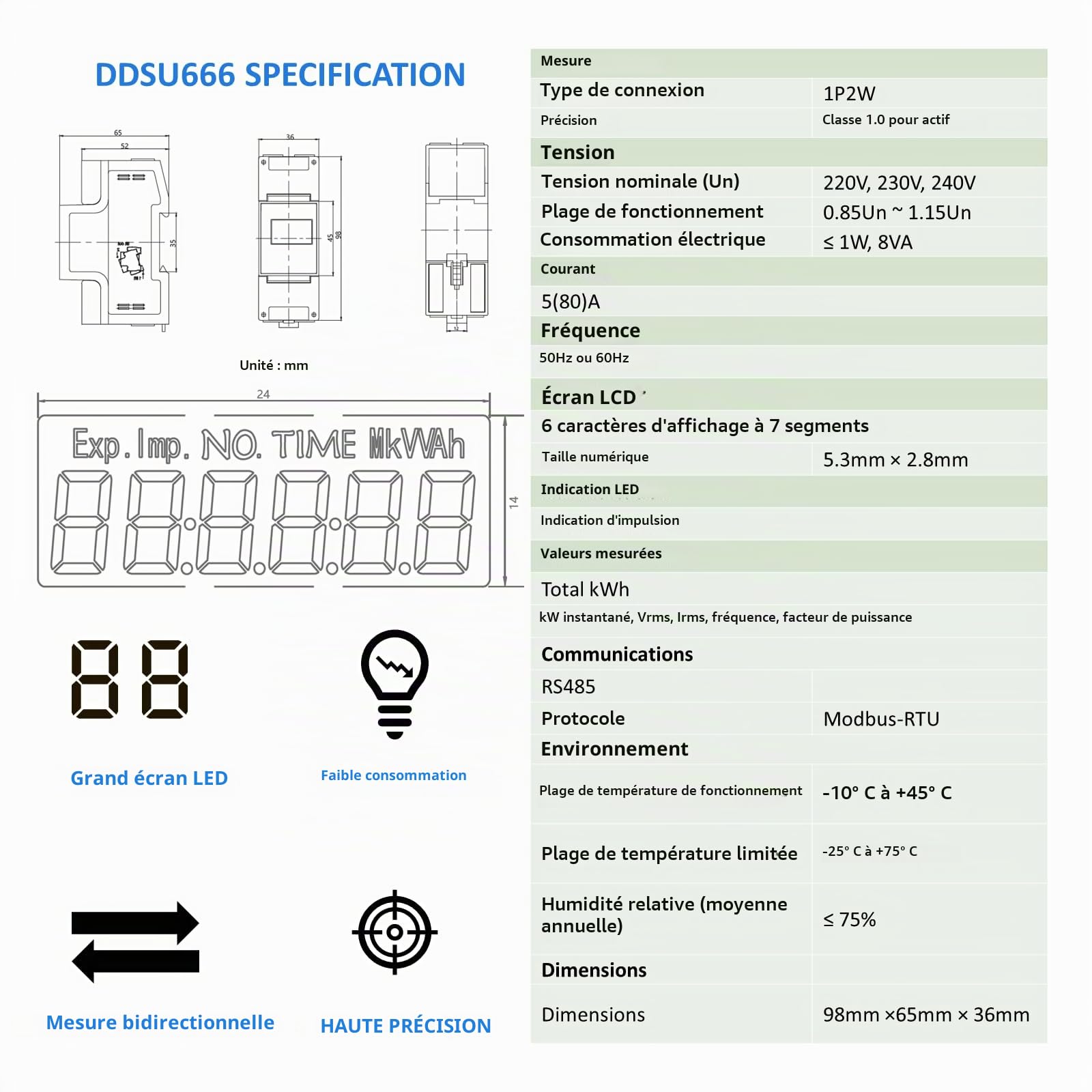 CHINT DDSU666 Compteur d'énergie électronique intelligent monophasé DIN35mm Compteur électrique 5(80) A connexion directe avec interface RS485, conforme à Modbus RTU, certificat MID