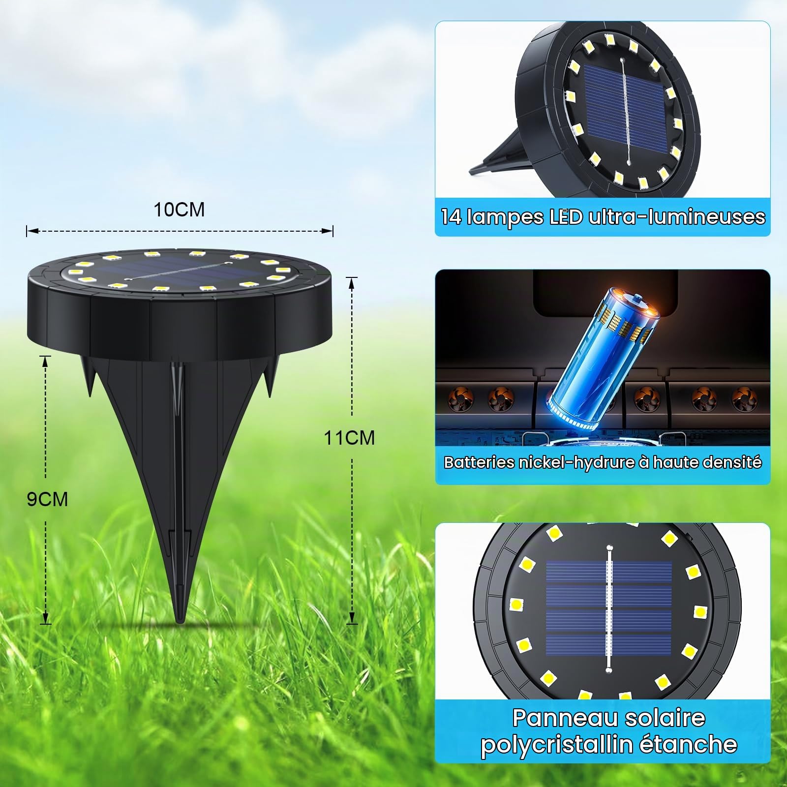 GIACOMO 14 LED Lumière Solaire Extérieur, Lampe Solaires Jardin Au Sol Étanche IP65, Pelouse Lumière Decorative Pour Jardin Terrace Cour Pelouse Escaliers Chemin