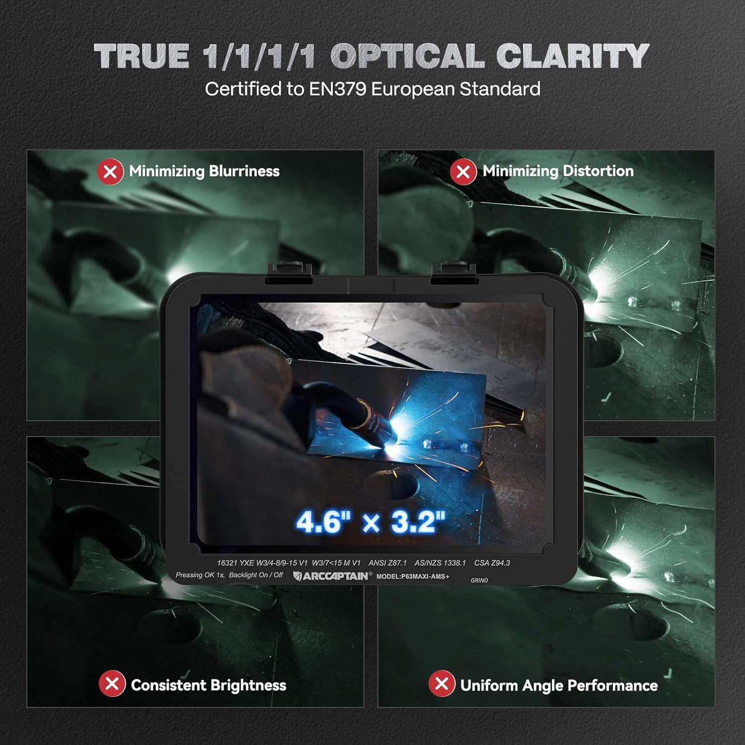 ARCCAPTAIN Premium Welding Helmet, 4.6" x 3.2" Intelligent Auto-Shade Large Viewing Screen, 1/1/1/1 Optical Clarity, Internal Display, Memory & Gradient, Built-in Parameter Recording & LED Light